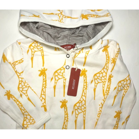 MilkBarn Giraffe Organic Cotton 6 9 12 Mos Hooded Longall Romper Outfit Boy NWT - Picture 4 of 4